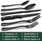 EWFEN 24-Piece Black Silverware Set with Steak Knives, Black Flatware Set for 4, Food-Grade Stainless Steel Tableware Cutlery Set, Mirror Finished Utensil Sets for Home Restaurant, Pearled Edge