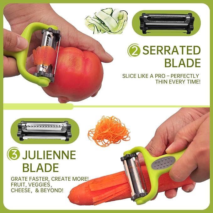 3 in 1 Vegetable Peelers for Kitchen – I & Y Peelers for Potatoes, Carrots, Apples, Cucumbers – Julienne, Slicer & Straight Blades – Sharp Stainless Steel, Non-Slip Handle