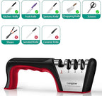 Longzon 5-in-1 Knife Sharpener 4 Stage with Cut-Resistant Glove, Quickly Sharpens & Restores Dull Blades, Easy & Safe for Home Kitchen Use, Fits Most Knives and Scissors, Black+Red