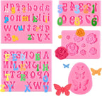 5 PCS Silicone Letter Molds, Non-Stick Number Rose Flower Butterfly Fondant Molds for Chocolate, Candy, Cake Decoration, Cupcake Topper
