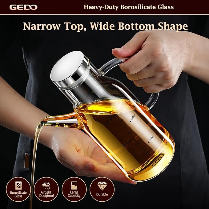 GEDO Borosilicate Glass Oil Dispenser, Eagle Beak Drip-Free Spout with Airtight Stainless Steel Lid, Measurement Markings & Ergonomic Handle, Multi-Purpose for Kitchen & Outdoor Picnic (0.58QT/550ml)