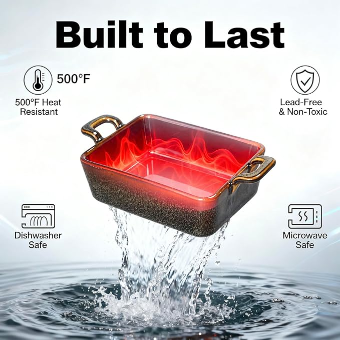 7 x 4 Au Gratin Baking Dishes for Oven Safe and Microwave Cooking and Baking, 2 piece, Heat Resistant Ceramic with Handles for Serving, Small Casserole Dish Set for 1 or 2 person servings, Brown