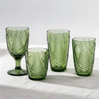 Green Stemmed Goblet, Hand-Pressed Fern Embossed Textured Glass for Water, Cocktails & Wine, Retro Boho Colored Stemware, Decorative Bar Drinkware for Kitchen Dining Table, Unique Botanical Style Gift