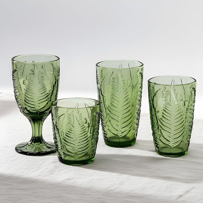 Vintage Green Drinking Glass, 16 oz Hand-Pressed Deep Textured Glass Cup, Fern Embossed Retro Glassware, Decorative Tumbler for Water, Cocktails & Juice, Boho Colored Kitchen Drinkware, Unique Gift
