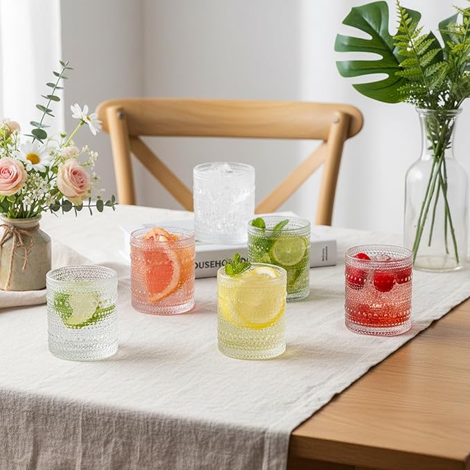 Moretoes Cocktail Glasses10 OZ Hobnail Drinking Glasses Set of 6, Vintage Whiskey Glassware, Textured Glass Cups Bubble Glasses Water Glasses Old Fashion Jupiter Glasses Set (Clear)