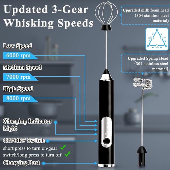 Electric Double Whisk Milk Frother Handheld Black USB Rechargeable Drink Mixer, 3 Speeds Adjustable Electric Whisk Foam Maker Detachable for Coffee, Lattes, Matcha, Hot Chocolate