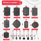 PERLLI Non-Stick 17-Piece Baking Pan Set, BPA-Free Carbon Steel Bakeware Set with Silicone Handles, Stackable Kitchen Oven Set, Cookie Sheet, Baking Tray, Baking Sheet Set, Utensils, Oven Safe (446°F)