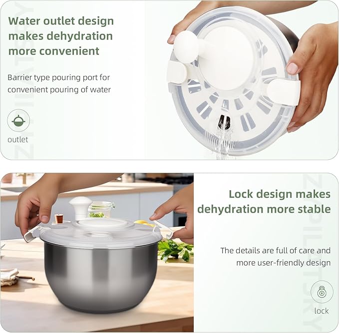 6L-Stainless Steel Salad Rotator, Vegetable Dishwasher,Lettuce Cleaner and Dryer, Kitchen Strainers.