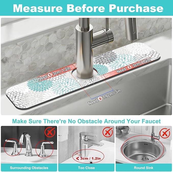 Findosom 2PCS 16" x 24" Dish Drying Mat & 24" x 5.5" Sink Splash Guard, Super Absorbent & Cuttable Dish Mat Drying Kitchen Mat with Teal Floral, Hide Stain Drying Mat for Kitchen Counter