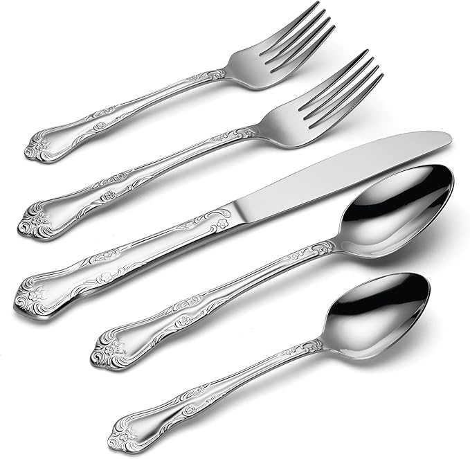 Oneida Silverware Set For 8, Azalea 45-Piece Everyday Flatware Set with Serving Utensils, Floral, Service For 8, 18/0 Stainless Steel, Dishwasher Safe, Knives Spoons And Forks Sets (Silver, 45 Pieces)