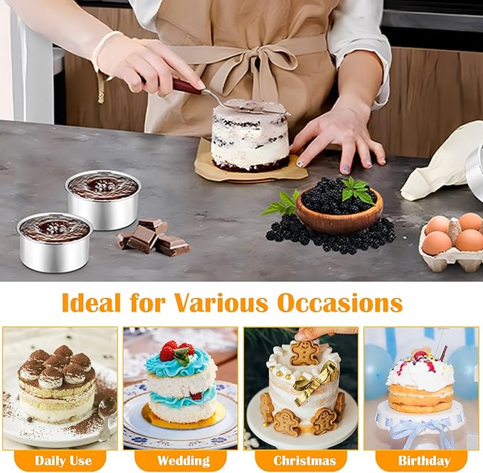 P&P CHEF 4 Inch Round Cake Pan Set of 3, Stainless Steel Round Baking Layer Pans Bakeware for Layer Birthday Cake, Fit Oven/Pots/Pressure Cooker, Leakproof & Dishwasher Safe, Silver
