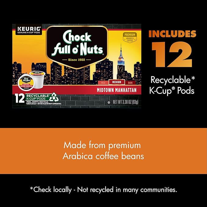 Chock Full o' Nuts Midtown Manhattan Keurig K-Cup Pods for Keurig Brewers – Premium Arabica, Medium Roast – Single Serve – 1 Pack of 12 K-Cup Pods