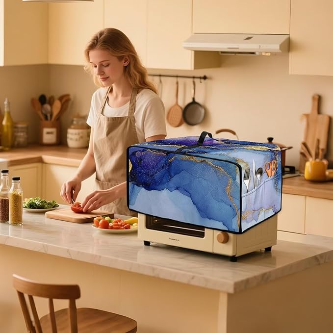 Marble Print Toaster Oven Dust Cover, Heavy Duty Heat-Resistant Cover for Kitchen Counter Small Appliances, with Accessory Pockets, Blue Violet Gold, (Small-14.5*18.46*9 inches)