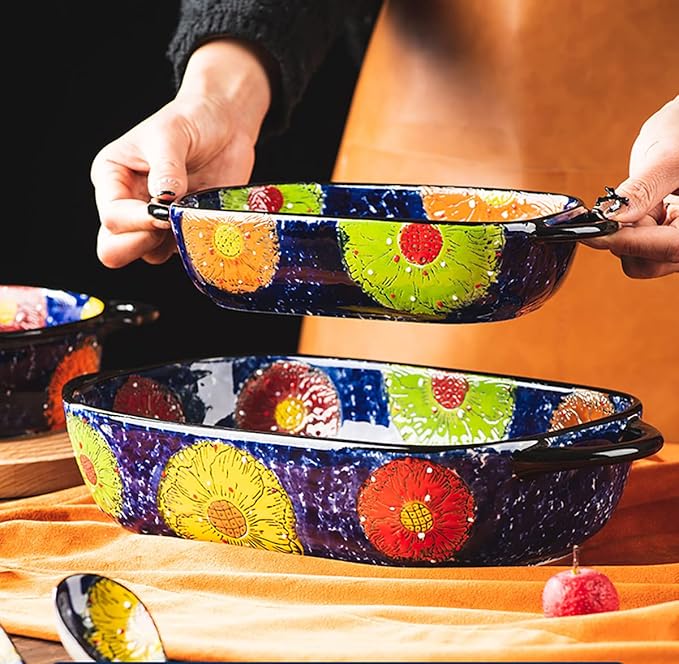 Vintage Style Pottery Bakeware Colorful Daisy Pattern Ceramic Casserole Dish Baking Pan Lasagna Pans Baking Dish with Handles from Oven to Table Plate-1 PCS, 60 OZ