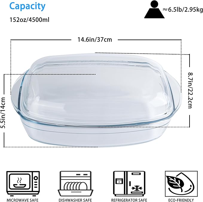 Large Casserole Dish With Lid - 4.7qt Glass Baking Dishes For Oven - Clear oval Glass Casserole Dish - Cookware For Cooking, Baking, Serving