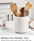 getstar Large Kitchen Utensil Holder, 7.2" Vintage Ceramic Utensils Crocks for Kitchen Counter with Non-Slip Cork Mat, Farmhouse Cooking Tool Organizer for Kitchen Counter Decor