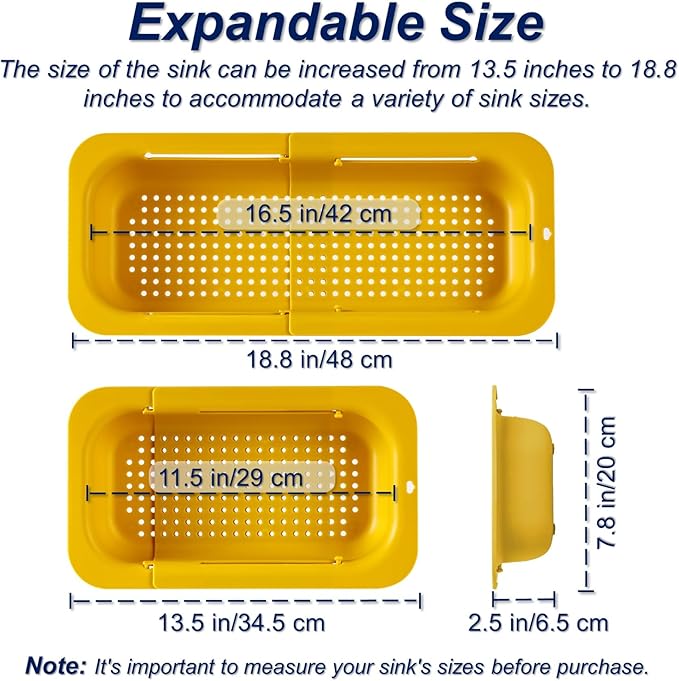Extendable Sink Colander Strainer Basket - Wash Vegetables and Fruits, Drain Cooked Pasta and Dry Dishes - Adjustable Over the Sink Colander Collapsible Drainer Basket - Yellow