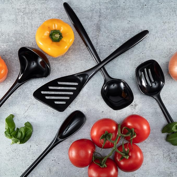 Hutzler 6-piece Melamine Cooking Utensils Set, Includes a 12-inch Long Slotted Spoon, Solid Spoon, Mixing Spoon, Slotted Turner, Soup Ladle, and Storage Crock, Black