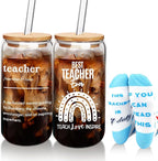 ANOTION Teacher Gifts, End of Year Teacher Gifts, Tumbler & Socks Gift Set - 20oz Glass Cup, Teachers Appreciation Day, Valentine's Day, Thank You, Blue and White, Modern, Reusable