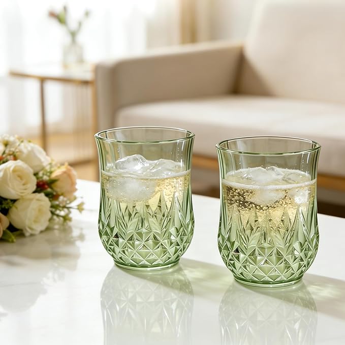 12 Pack Plastic Stemless Wine Glasses,12oz Unbreakable Vintage Elegant Drinking Glass Set,Reusable Fancy Cocktail Cups for Party, Wedding, and Bulk Events (12, 12oz-Sage Green)
