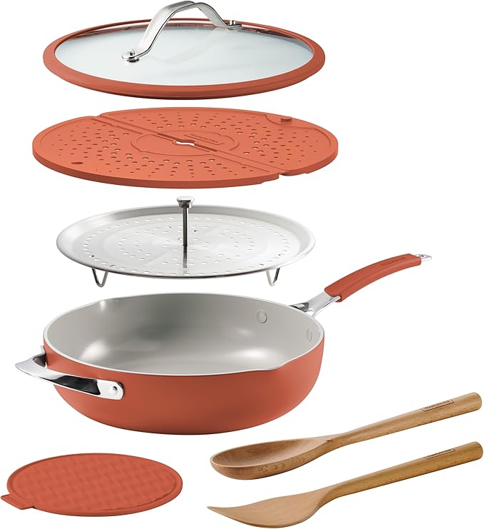 Tramontina Vue All-in-One Plus Pan Set, 5-Quart Ceramic Non Stick Cooking Pan with Glass Lid, Steamer Insert, Beechwood Utensils, Splatter Screen, Pot Holder, Orange