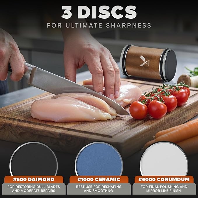 Rolling Knife Sharpener, Ergonomic Cylindrical Design, Heavy Dutty 600,1000 Daimond & 6000 Grit Replacement Disc, 4 Precision Angles, Knife Sharpening Kit for All Kind of Knives
