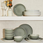 Pokini Stoneware Dinnerware Sets for 6, Microwave Safe Plate and Bowl Set, Easy to Clean & Durable Dishes Sets for Small to Medium Families, Gray Green