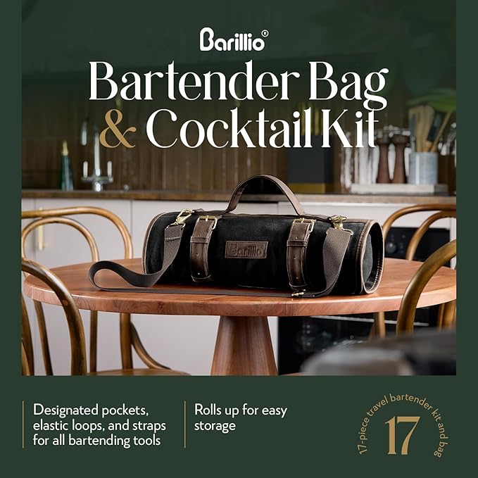 Barillio Bartender Kit Bag with Cocktail Shaker Set - Waxed Canvas, Traveling Bar Tools Bag with 17-Pc Cocktail Kit - Travel Mixology Bartending Kits - Mobile Bar Roll with Strap & Accessories