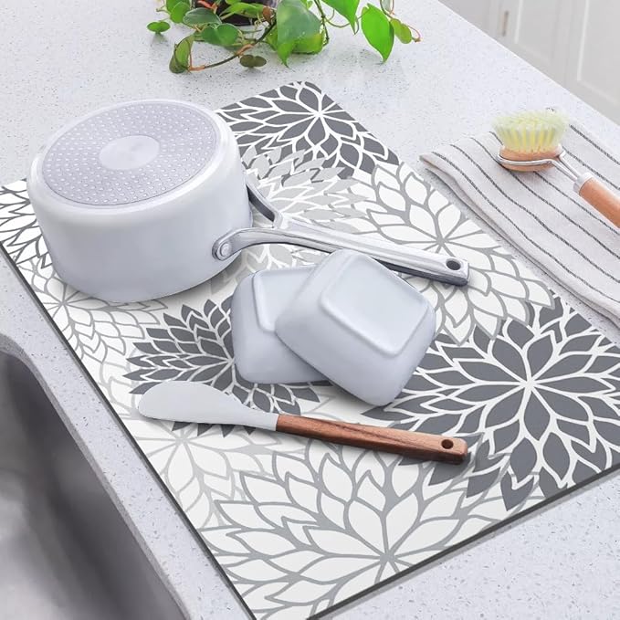 Findosom 2PCS 16" x 24" Dish Drying Mat & 24" x 5.5" Sink Splash Guard, Super Absorbent & Cuttable Dish Mat Drying Kitchen Mat with Gray Floral, Hide Stain Drying Mat for Kitchen Counter