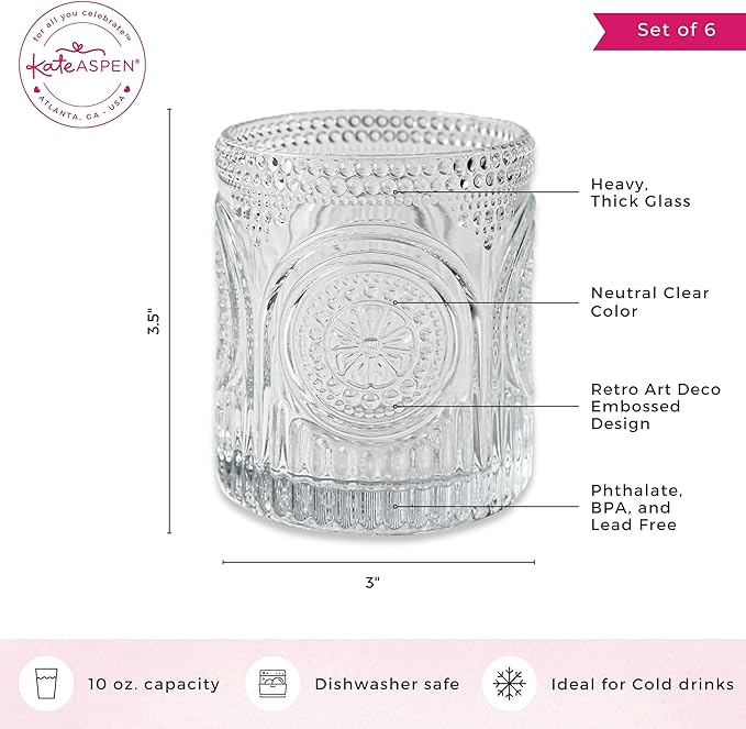 Ribbed Retro Arch Floral Clear Drinking Glasses Set of 6, (10 oz) Vintage Glassware Set by Kate Aspen| Cocktail Glass Set, Juice Glass, Water Cups | Great Hostess Gift & Gift for New Home Owners