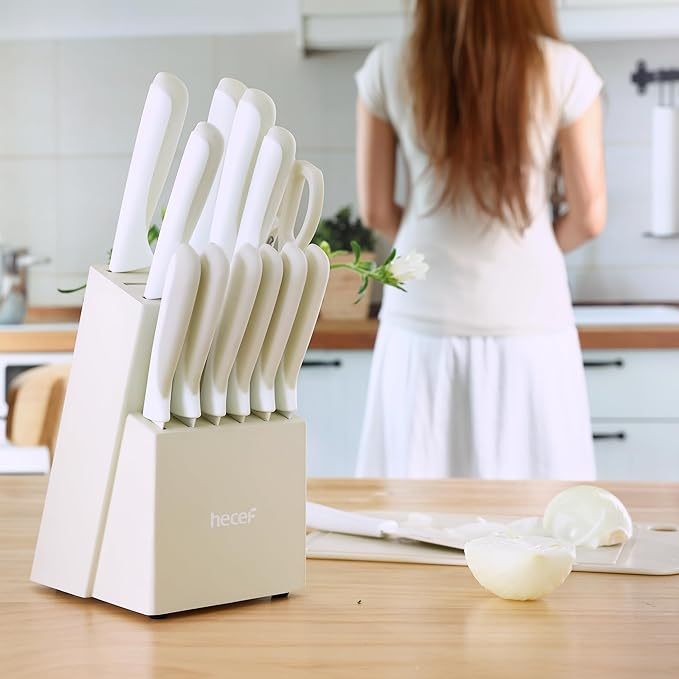 hecef 15 Pieces Kitchen Knife Set with Built-in Sharpening Wooden Block, Dishwasher Safe, High Carbon Stainless Steel Knife Block Set with Steak Knives, Kitchen Scissors, Cream White