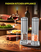 CIRCLE JOY Battery Operated Electric Salt and Pepper Grinder Set with Base, Stainless Steel Pepper Mills with 95ml Container, White LED Light and External Adjustable Coarseness, Silver