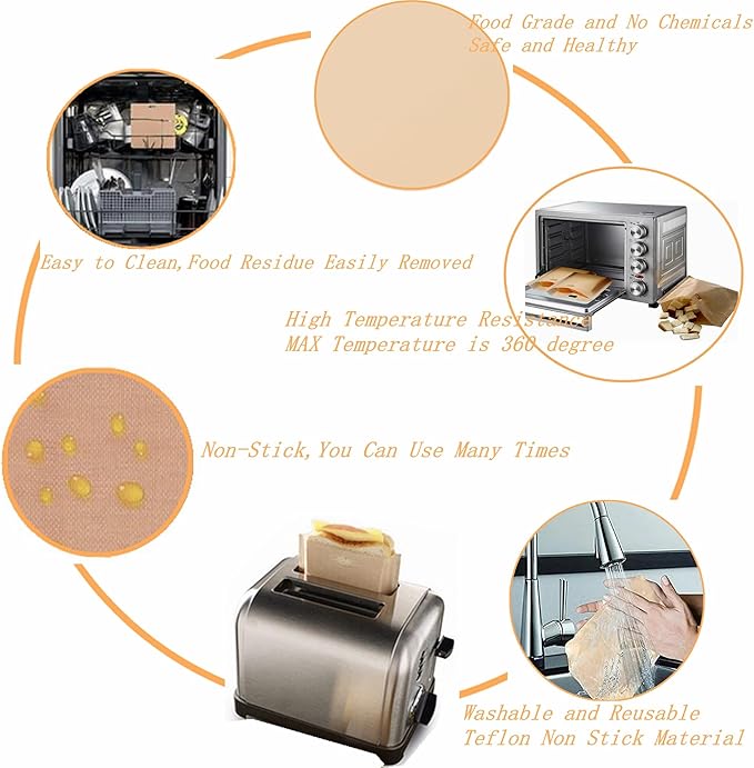 8 Pack Non Stick Toaster Sandwich Bags Reusable and Heat Resistant Easy to Clean,Washable Toaster Bags for Toaster Microwave Grill Cheese Sandwiches,Toast Bags for Toast Sandwich Panini Snacks (8)