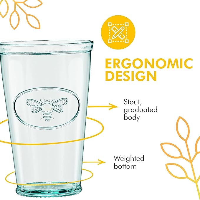 Amici Home Bee Hiball Glass | 16 Oz | Italian Made, Recycled Glass with Green Tint | Drinking Glass with Embossed Bee Design for Water, Juice, Cocktails (Set of 6)