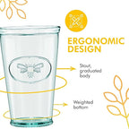 Amici Home Bee Hiball Glass | 16 Oz | Italian Made, Recycled Glass with Green Tint | Drinking Glass with Embossed Bee Design for Water, Juice, Cocktails (Set of 6)
