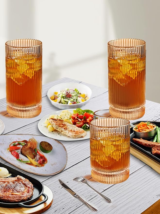 Ribbed Glassware Vintage Drinking Glasses 12Pcs Set （6 Highball Glasses 16Oz And 6 Rocks Glasses 13Oz） Amber Ribbed Glass Cups For Iced Coffee, Cocktails, Juice, Beer, Everyday Drinking