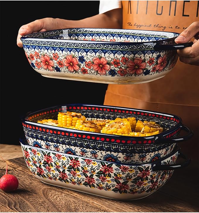 Vintage Style Pottery Bakeware Ceramic Casserole Dish Baking Pan Lasagna Pans Baking Dish with Handles for Oven/Cooking/Kitchen-1 PCS, Large Capacity, 60 OZ