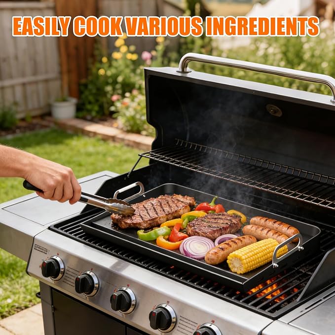 23" x 16" Cast Iron Nonstick Grill Griddle for Gas & Charcoal Grills, Flat Top BBQ Griddle Plate with Grease Groove & Removable Handle, Universal Fit for Outdoor & Home Cooking, Tailgating