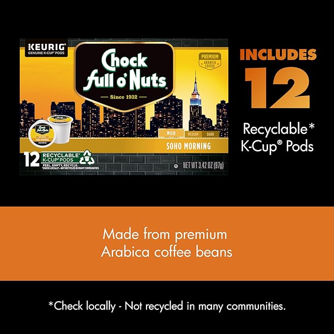 Chock Full o' Nuts Soho Morning Keurig K-Cup Pods for Keurig Brewers – Premium Arabica, Mild Roast – Single Serve – 1 Pack of 12 K-Cup Pods
