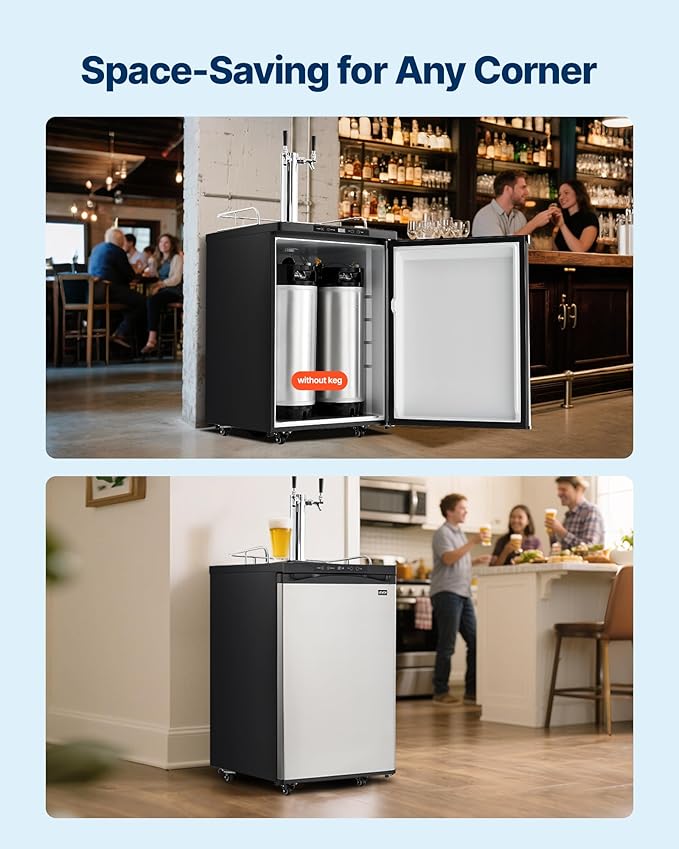 VEVOR Beer Kegerator, Dual Tap Home Draft Beer Dispenser for Ball Lock, Full Size Keg Refrigerator with 5lbs CO2 Tank, Hold 2 Sixth / 2 Slim / 3 Ball lock keg, 162L