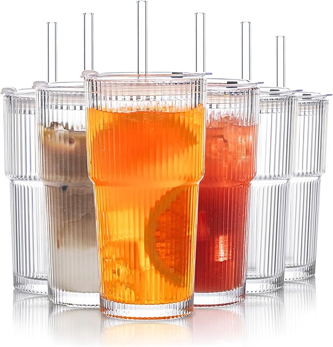 INSETLAN 6-Piece Glassware Set – 20 oz Ribbed Glass Tumblers with Lids and Glass Straws, Heavy-Duty Tumblers, Ideal for Iced Coffee, Smoothies, Cocktails, and Juices – Elegant and Durable Drinkware