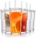 INSETLAN 6-Piece Glassware Set – 20 oz Ribbed Glass Tumblers with Lids and Glass Straws, Heavy-Duty Tumblers, Ideal for Iced Coffee, Smoothies, Cocktails, and Juices – Elegant and Durable Drinkware