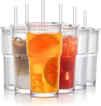 INSETLAN 6-Piece Glassware Set – 20 oz Ribbed Glass Tumblers with Lids and Glass Straws, Heavy-Duty Tumblers, Ideal for Iced Coffee, Smoothies, Cocktails, and Juices – Elegant and Durable Drinkware
