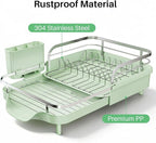 SNTD Dish Drying Rack, Expandable Dish Rack for Kitchen Counter, Stainless Steel Dish Drainer with Drainboard Set and Utensil Holder (Green)