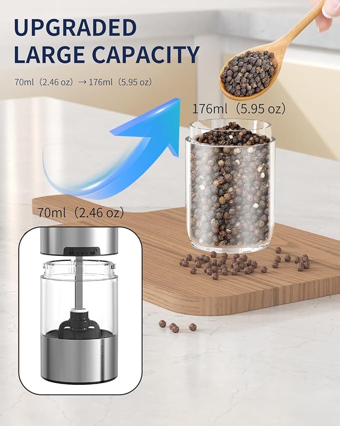CIRCLE JOY Gravity Electric Salt and Pepper Grinder Set Rechargeable Automatic Pepper Mills with External Adjustable Coarseness, 176ml Large Capacity, Bright LED Light