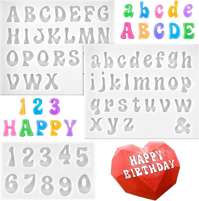 3 PCS Silicone Letter Molds, Non-Stick Number and Letter Fondant Molds for Chocolate, Candy, Cake Decoration, Cupcake Topper