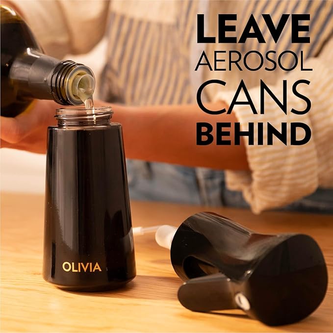 FLAIROSOL OLIVIA SIGNATURE Advanced Kitchen Oil Sprayer Technology, Fine Mist & Portion Control, Refillable Glass Cooking Spray Bottle, Anti-Drip & Leakproof, Air Fryer, Salad, BBQ, 200ml (Black)