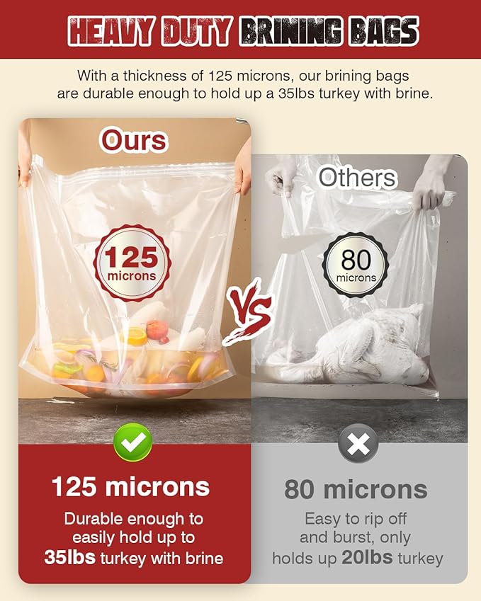 Turkey Brine Bag, 26"×22", 2 Pack, Extra Large Brining Bags for Thanksgiving Turkey, Chicken, Beef, Fish, Pork - Holds up to 35lbs, Double Zipper Heavy Duty Brine Bag with 2 Cotton Strings & Clips