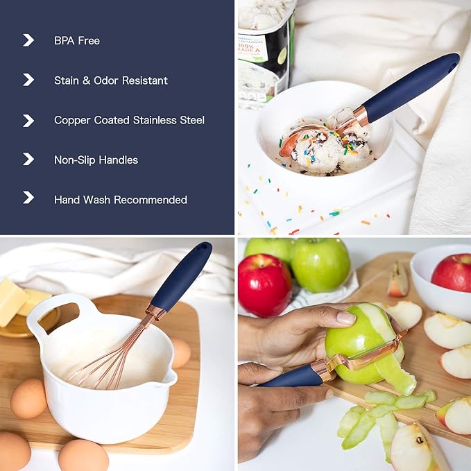 COOK WITH COLOR Kitchen Gadget Set Copper Plated Stainless Steel Utensils with Soft Touch Handles, Copper Navy, 7 Pieces