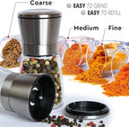 Salt and Pepper Grinder Set of 2, Premium Stainless Steel Spice Mill with Adjustable Coarseness, Ceramic Blades, Refillable Glass Body with 60Z capacity